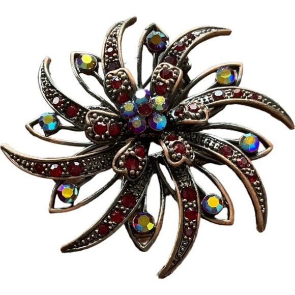 Vintage Starburst Rhinestone Brooch Pin With Red & Iridescent Crystals - Picture 2 of 5